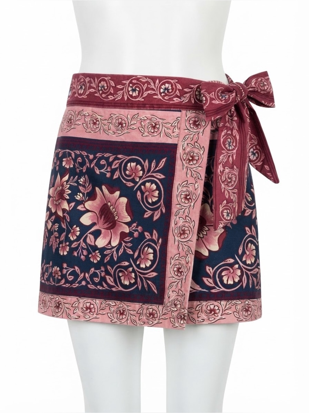 Farm Rio Ainika Charm Denim Wrap Mini Skirt Floral Pink Blue 100% Cotton